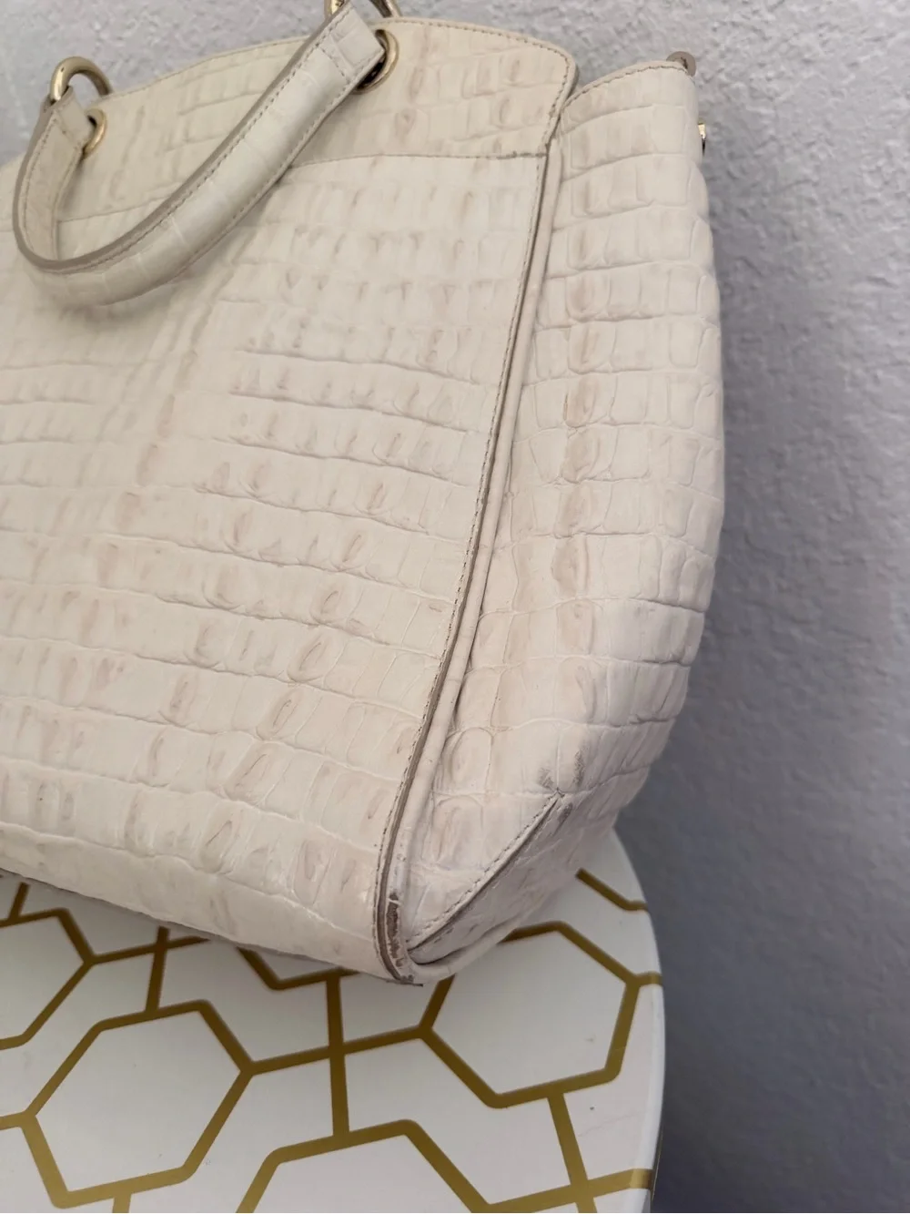 Brahmin Cream Croc-Embossed Tote with Tassel